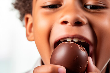 African American child eating chocolate on Easter day, radiating happiness and joy.