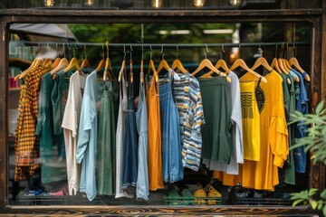 Colorful display of various clothes on hangers in shop window, vibrant and casual collection of apparel in different styles and colors, creating an inviting and stylish shopping experience