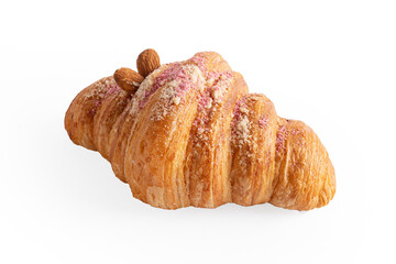 Close up croissant with almonds and pink sprinkles , isolated on white background