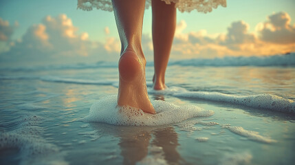 Beach holiday - woman walking along sandy beach.