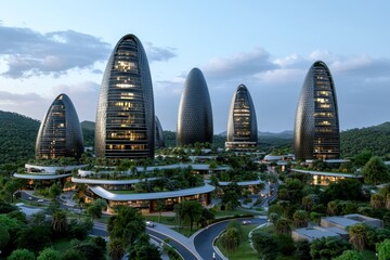A futuristic African city with eco-friendly skyscrapers and vibrant cultural architecture seamlessly blending modern technology and tradition