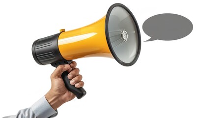 Fototapeta premium Male Hand Holding Megaphone – New Product Announcement Banner Template, Generative Ai.