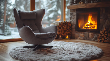 Cozy armchair by the fireplace, winter decor.