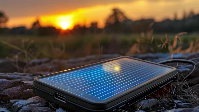 A portable solar charger resting on a stone, with a sunset in the background, casting warm light and reflections.