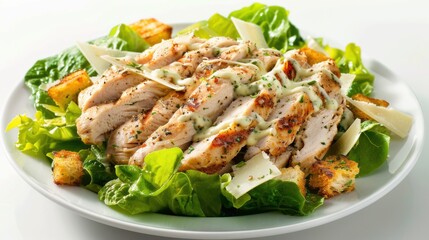 A delightful plate of chicken Caesar salad with romaine lettuce, grilled chicken