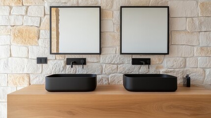 Black matte fixtures, stone walls, warm wooden vanity, natural and modern