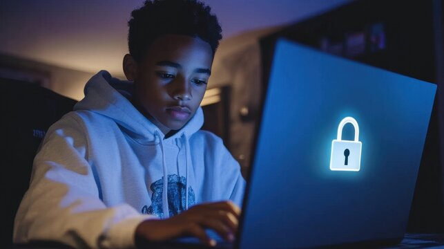 A U.S. teen uses a laptop showing a digital padlock, highlighting online security