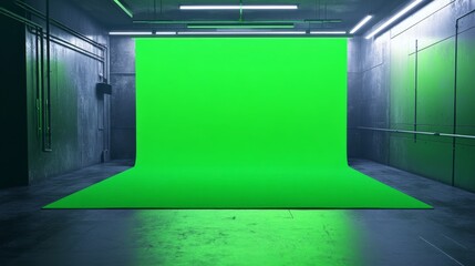 A vibrant green screen setup in a dimly lit studio, perfect for video production and photography.