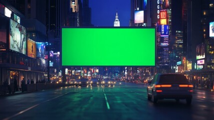 A vibrant city scene at night featuring a large green screen billboard amidst bright neon lights and empty streets.