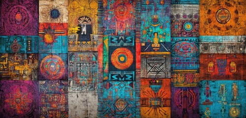 Obraz premium A vibrant tapestry featuring intricate tribal patterns from various cultures, set against a textured background that enhances the colors.