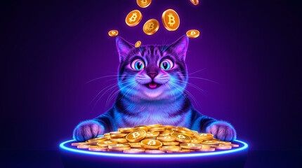 happy cat with bitcoins