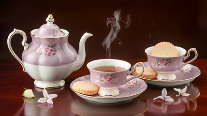 Fototapeta premium Elegant tea set with porcelain teapot and shortbread on polished mahogany