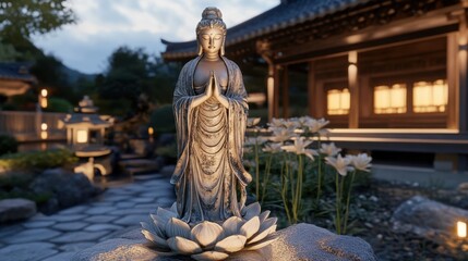 Fototapeta premium Realistic Guanyin holding lotus, soft glow surrounding her, robes flowing, radiating serenity