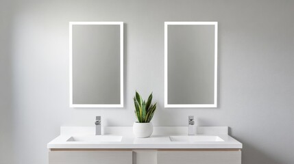 Fototapeta premium Double vanity with quartz countertops, backlit LED mirrors, sleek and stylish