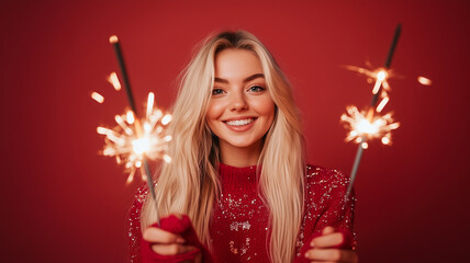 Blonde woman in a sparkling red sweater holding lit sparklers against a vibrant red background, radiating joy and holiday cheer.