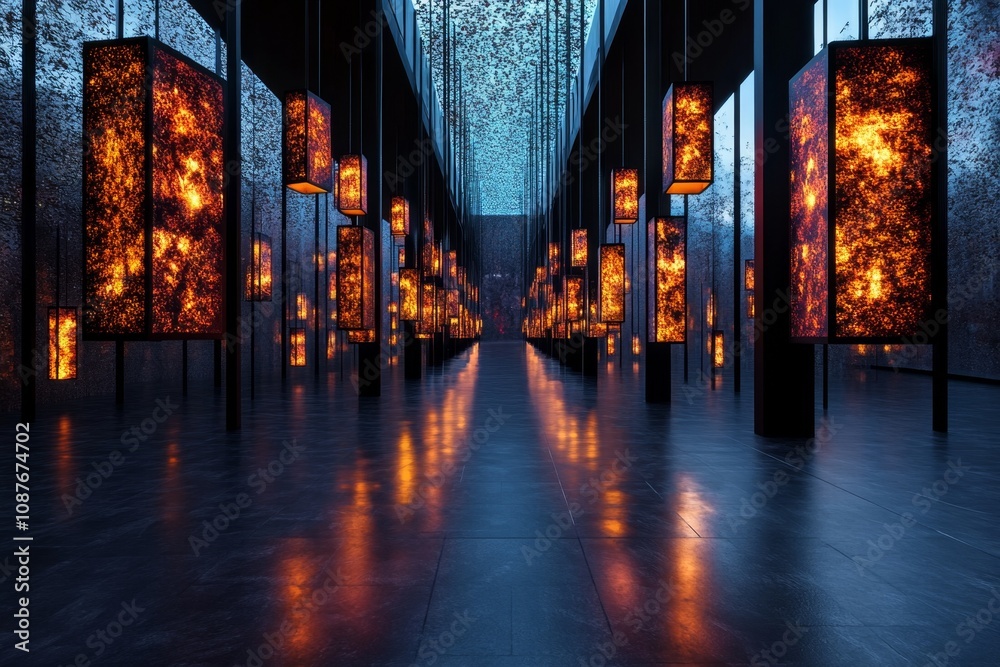 Poster a magical library where adults are studying glowing books that float in mid-air, with shimmering lig