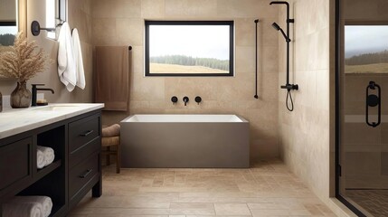 Expansive bathroom with heated stone floors, matte black fixtures, cozy elegance