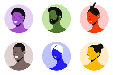 Set of avatars of people grouped together of different ethnicities. 