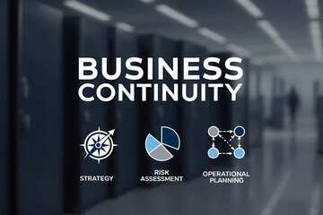 Business continuity management concept. "Business Continuity" with icons strategy, risk assessment, and operational planning. business continuity planning and resilience in managing disruptions.