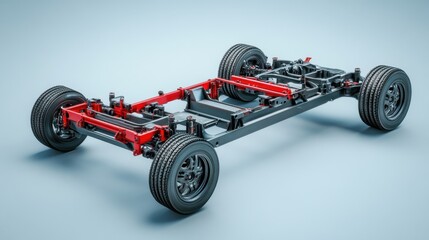 Realistic image of truck structure, detailed chassis with wheels, suspension, and metal framework