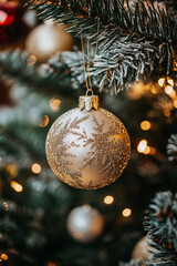 Golden Glitter Christmas Ornament Hanging on Frosted Tree