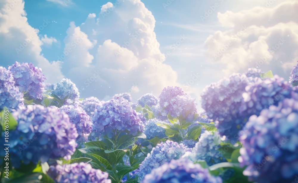 Aufkleber a vibrant field of blooming hydrangeas under a bright sky with fluffy clouds.