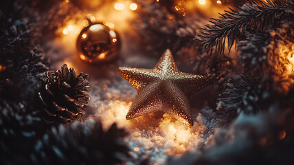Golden Star Ornament on Snowy Christmas Scene with Warm Lights