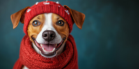 Happy Dog in a Red Knit Hat and Scarf Smiling Festively