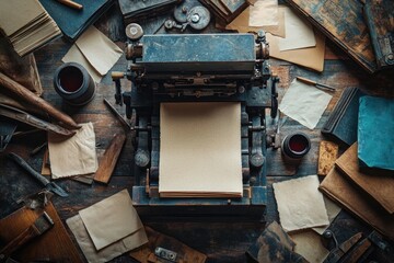 A vintage printing press surrounded by scattered sheets of handmade paper, ink pots, and old tools for typography and illustration.