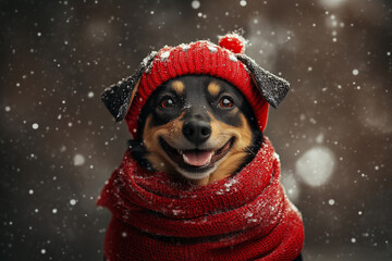 Happy Dog in a Red Winter Hat and Scarf During Snowfall