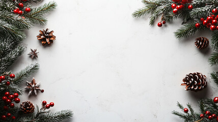 Minimalist Christmas Background with Pinecones and Red Berries