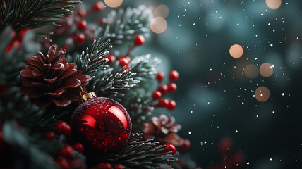 Red Christmas Ornament with Pinecones and Snowy Evergreen Branches