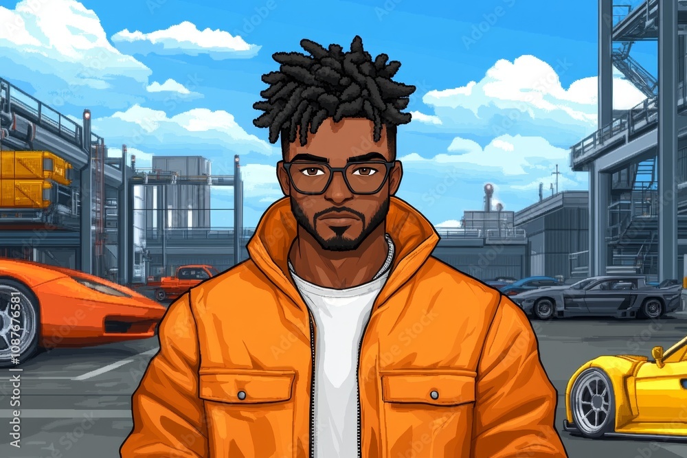Poster a pixel art character with an afro hairstyle, set in a retro game environment with vibrant and nosta