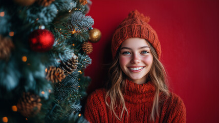 Smiling girl in a red knit hat and sweater next to a decorated Christmas tree.