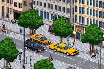 Obraz premium A pixel art aerial view of a vibrant city with tiny cars, buildings, and parks, in retro game style