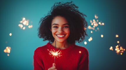 Smiling young woman with curly hair holding a sparkler, wearing a red sweater against a festive teal background with glowing lights.