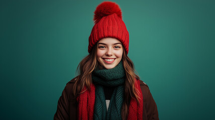 Smiling girl in a red winter hat and green scarf against a solid teal background.