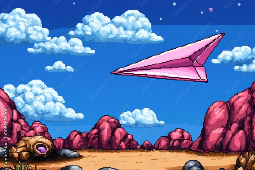 Poster a pixel art rendition of a colorful paper aeroplane flying through a retro game sky filled with pixe