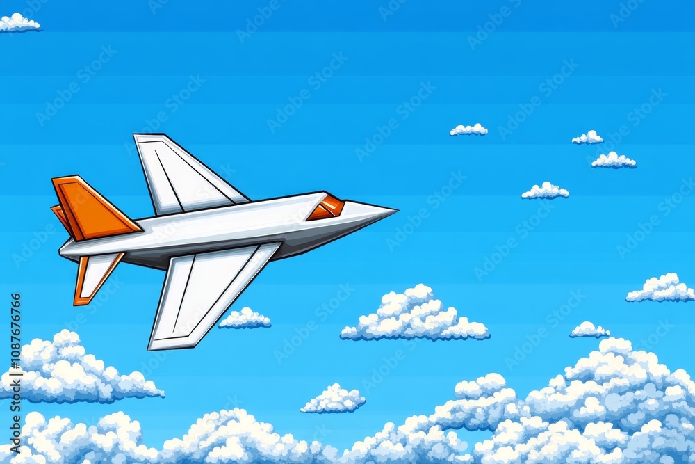 Poster A pixel art rendition of a colorful paper aeroplane flying through a retro game sky filled with pixelated clouds