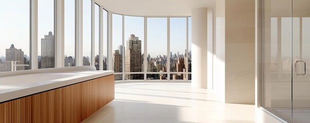Naklejka premium Floor-to-ceiling glass, city view, expansive bathroom with bright ambiance