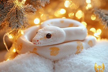 White python with golden markings coiled on snow under festive holiday lights and pine branches.