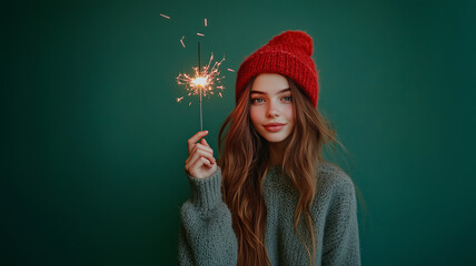 Young Woman Holding Sparkler in Festive Red Beanie