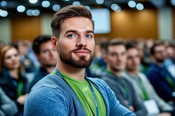 A professional development seminar with adults listening attentively to a motivational speaker