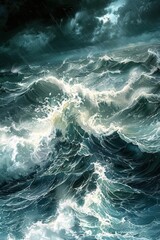 Powerful Stormy Ocean with Gigantic Waves Depicting Overwhelming Anger and Turmoil