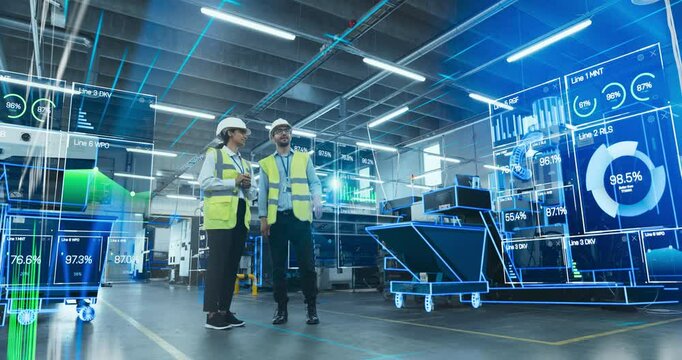 Engineers Analyze Data in a Smart Factory Using Augmented Reality Software. Advanced Manufacturing Facility Shows Industry 4.0 Technologies, Optimizing Production Processes Through Digital Integration