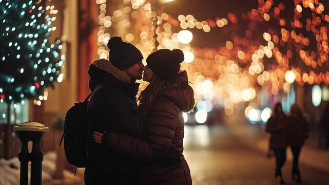 of two amorous pair in love at x-mas midnight illuminated streets standing opposite going to kiss wearing warm jackets outside 4K Video