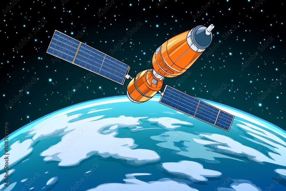 Aufkleber a simple 2d drawing of a satellite and earth, with clean lines and minimal shading
