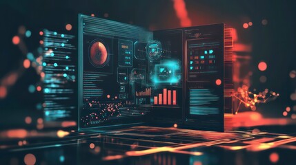 Futuristic digital screens displaying data and graphics with glowing light effects.