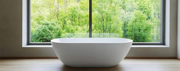 Fototapeta premium Freestanding bathtub next to large window, natural view, relaxing and serene
