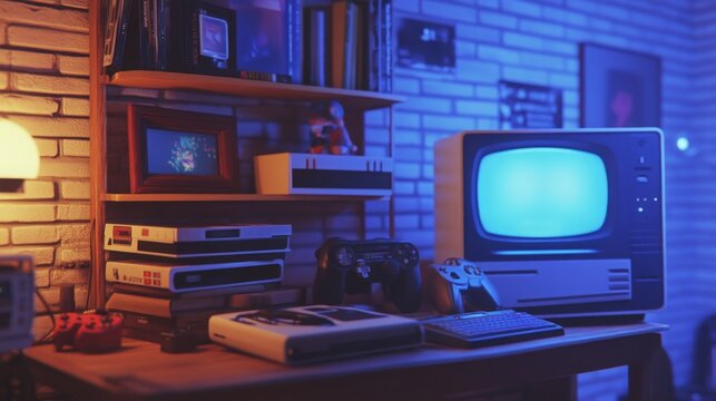 A nostalgic gaming corner features a vintage console, an old-school television glowing blue, and various gaming accessories. The warm atmosphere is enhanced by soft lighting and textured walls.